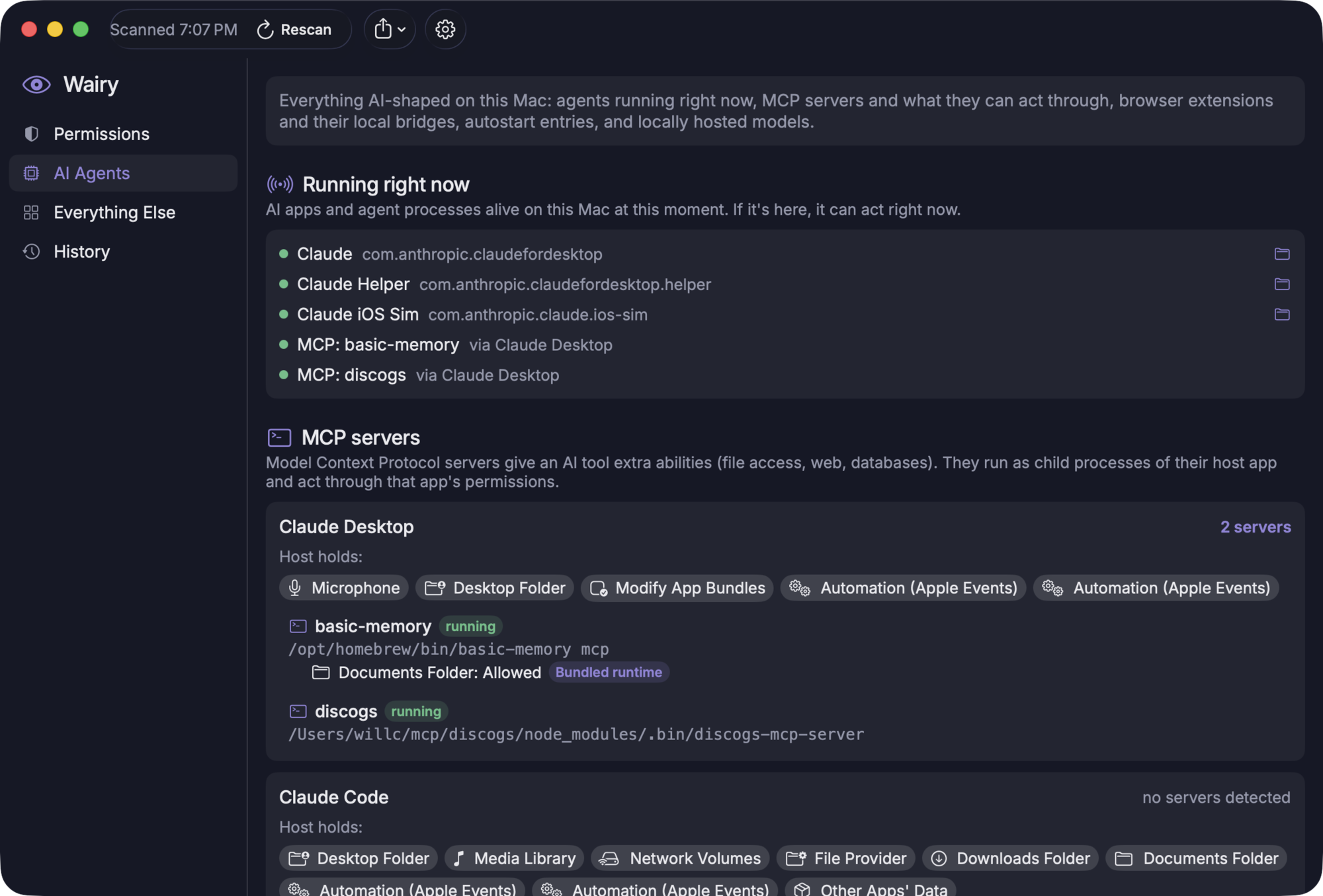 Wairy AI Agents tab showing running agents and Claude Desktop's MCP servers and their permissions